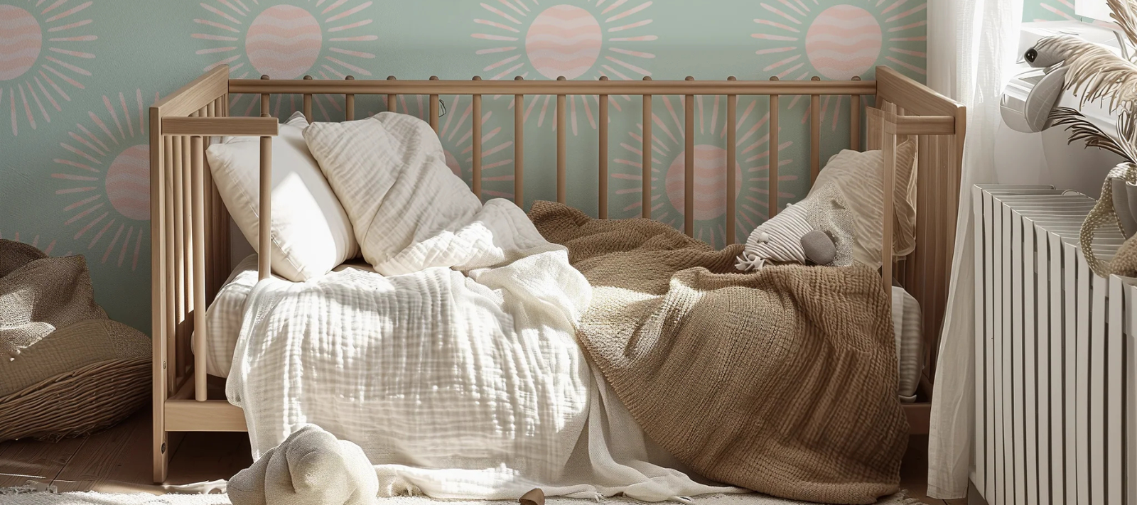 Gender-neutral nursery wallpaper by Funky Paper Co — Summer Suns Mint peel and stick canvas behind a natural wood crib