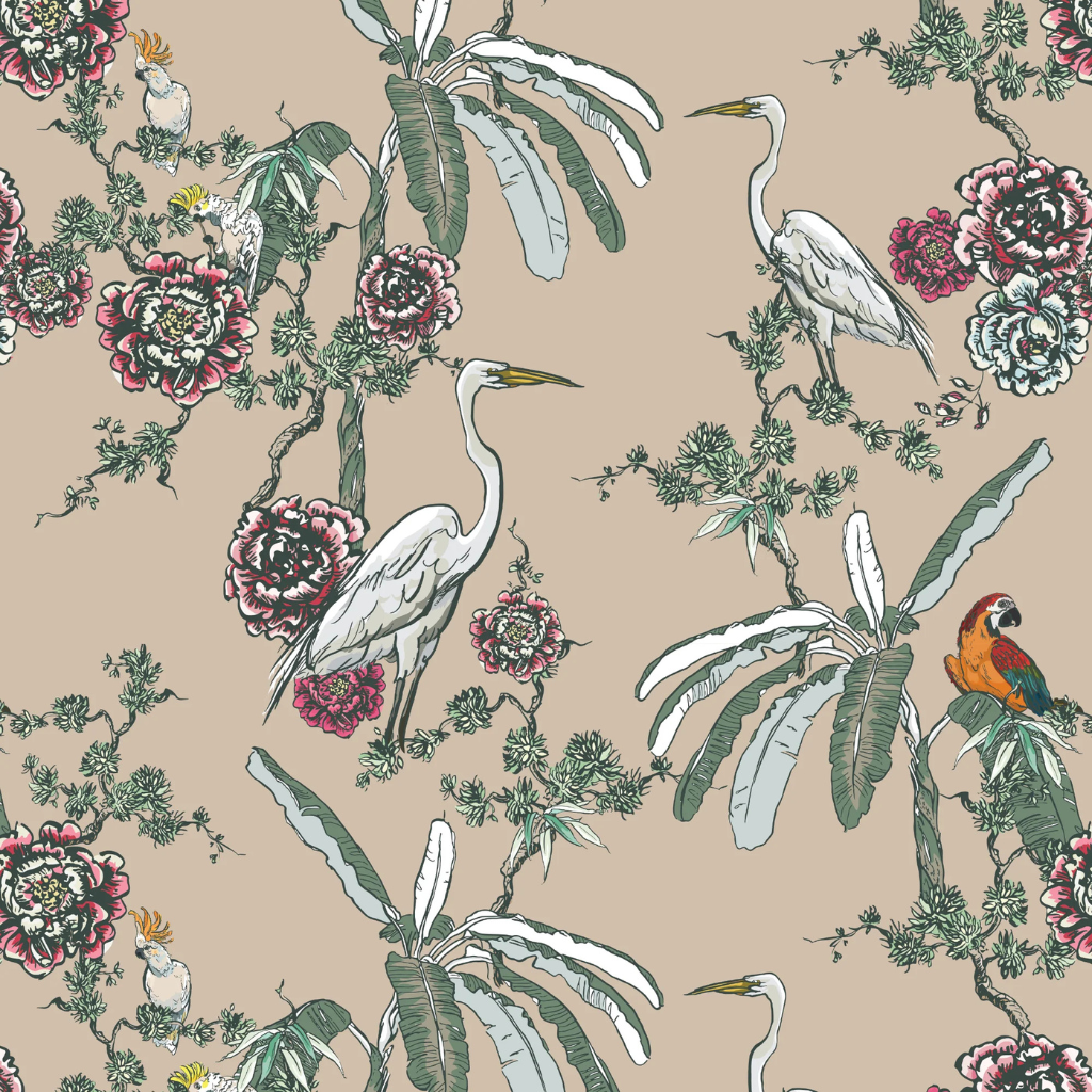 Beige exotic bird peel and stick wallpaper for a tropical aesthetic