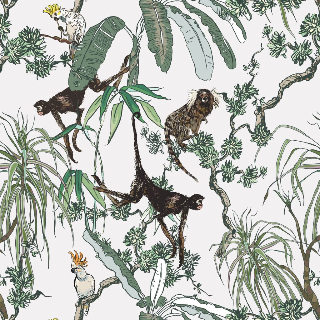 White monkey peel and stick wallpaper in a tropical-themed room