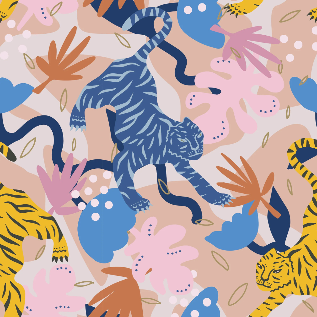 Dancing Tigers wallpaper featuring bold blue and yellow tigers in colorful pop-art foliage on a mauve background—an eye-catching, vibrant backdrop for a bachelorette photo booth.