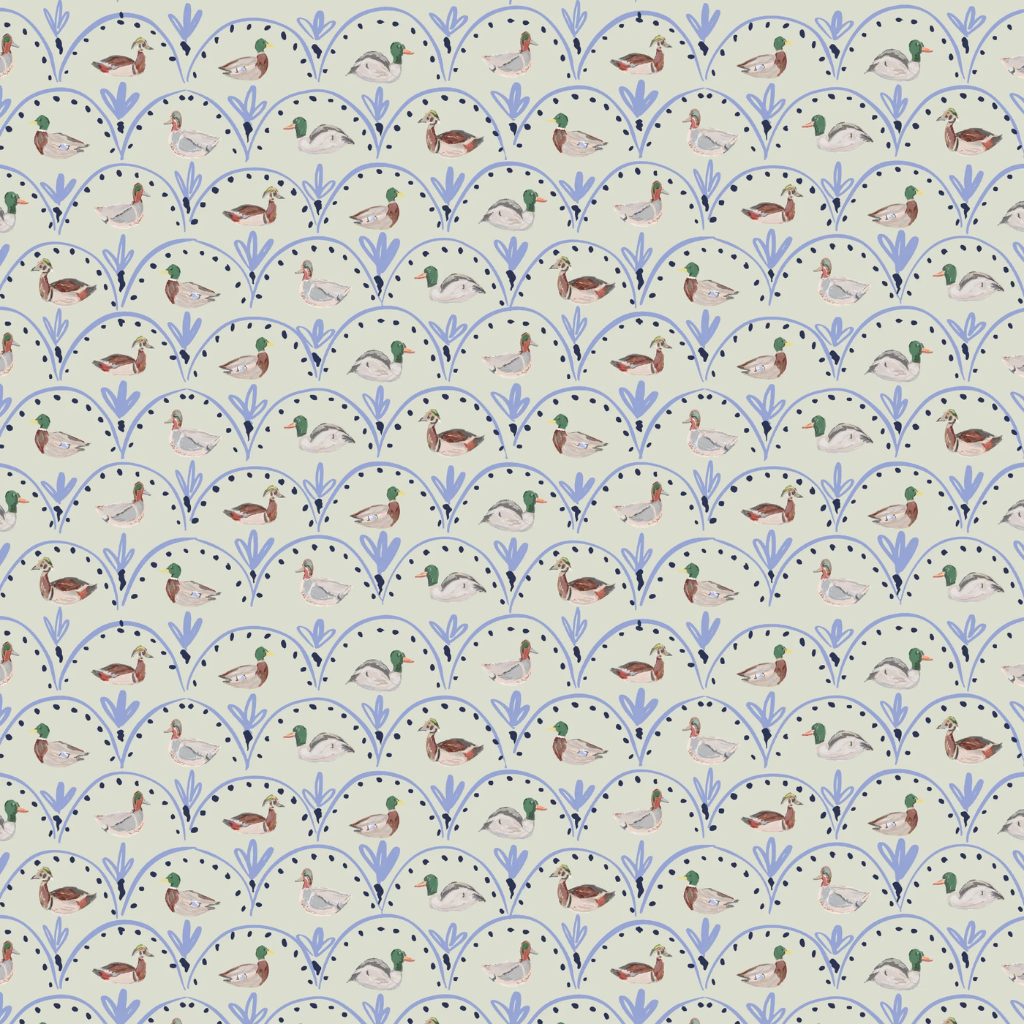 Playful green and blue duck wallpaper backdrop for a baby boy shower photo booth, adding a sweet and whimsical touch.