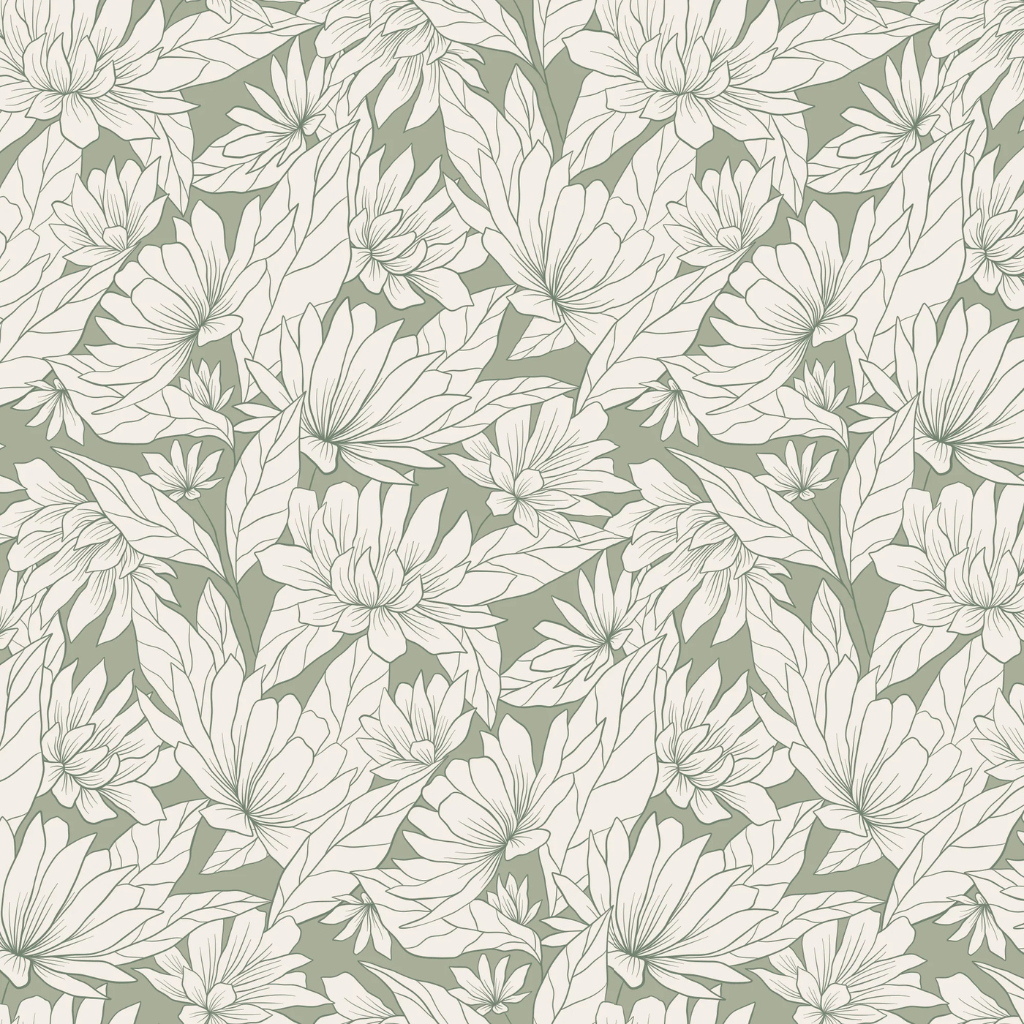 Grandmillennial Floral wallpaper featuring elegant cream florals on a soft sage green background—perfect for a timeless, romantic wedding photo booth backdrop.
