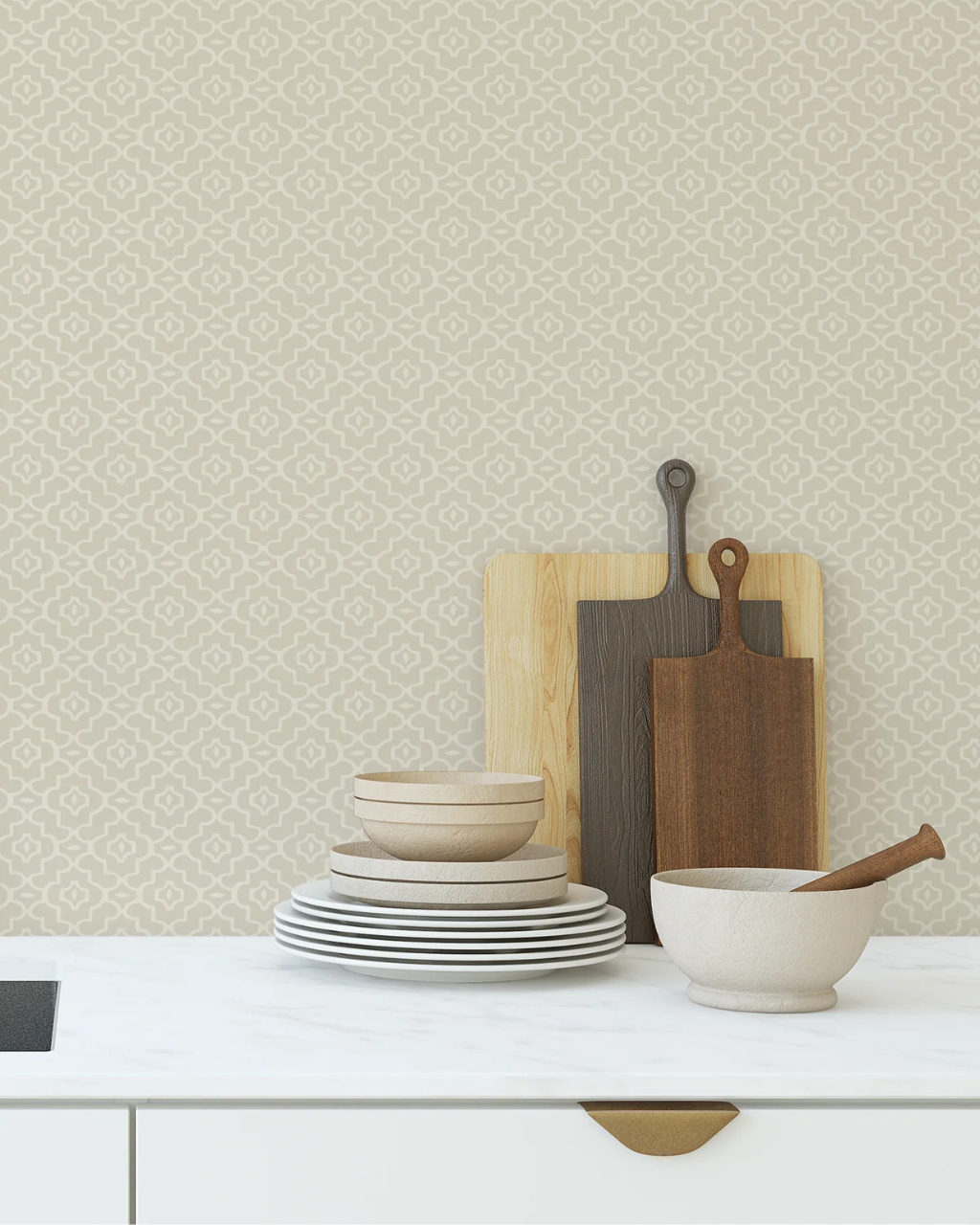 Beige Moroccan-inspired neutral wallpaper with soft geometric mosaic pattern styled in a warm, welcoming kitchen | Neutral Wallpaper Ideas for Every Room in Your Home by Funky Paper Co