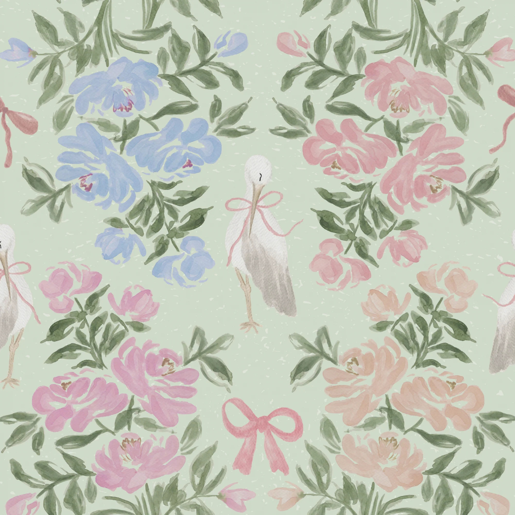 Penelope’s Garden wallpaper with white storks surrounded by pink and blue flowers on a soft green background—perfect for a gender reveal photo booth backdrop.