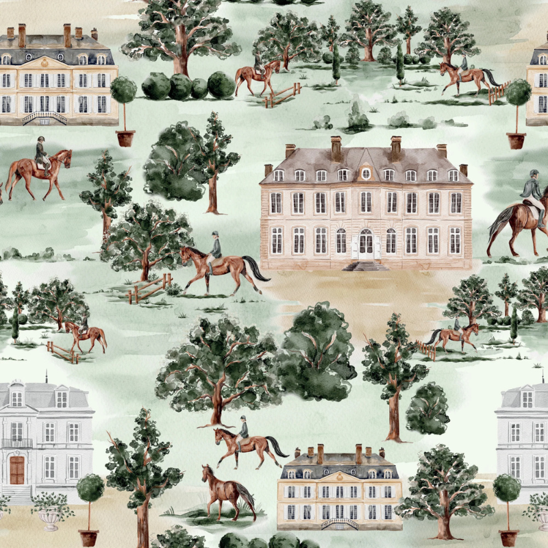 Chateau Stroll storybook nursery wallpaper with equestrians trotting around a chateau for an elegant, whimsical nursery.