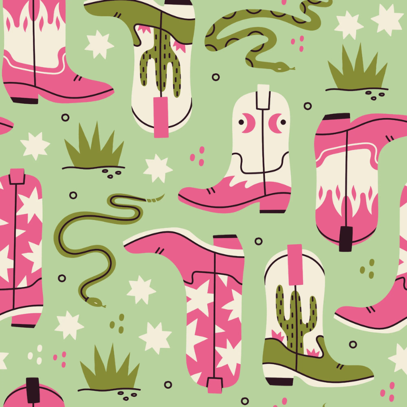 Fort Worth storybook nursery wallpaper with bold cowboy boots, snakes, and stars in a maximalist western pattern.