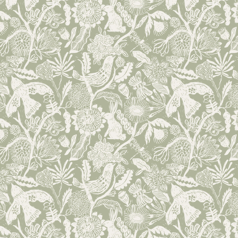 Linocut Print storybook nursery wallpaper with artistic rabbits, birds, and bees among blooms and foliage in a vintage-inspired style.