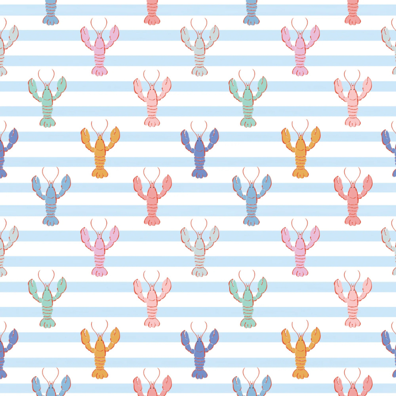 Lobster Fête storybook nursery wallpaper with multicolored lobsters for a playful, coastal-inspired nursery.