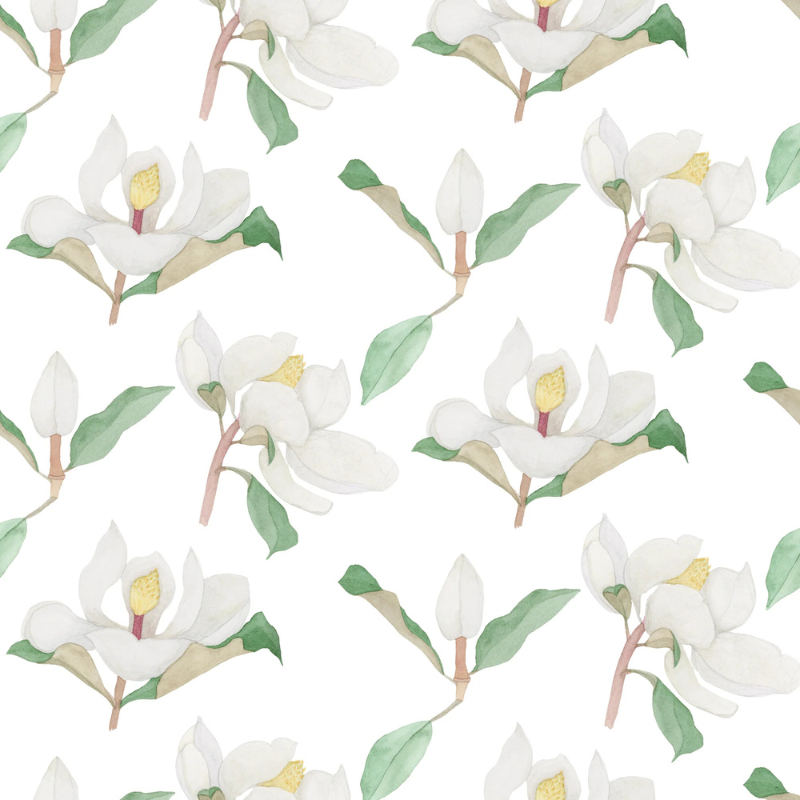 Magnolia storybook nursery wallpaper with large magnolia blooms for a classic, Southern-charm nursery.