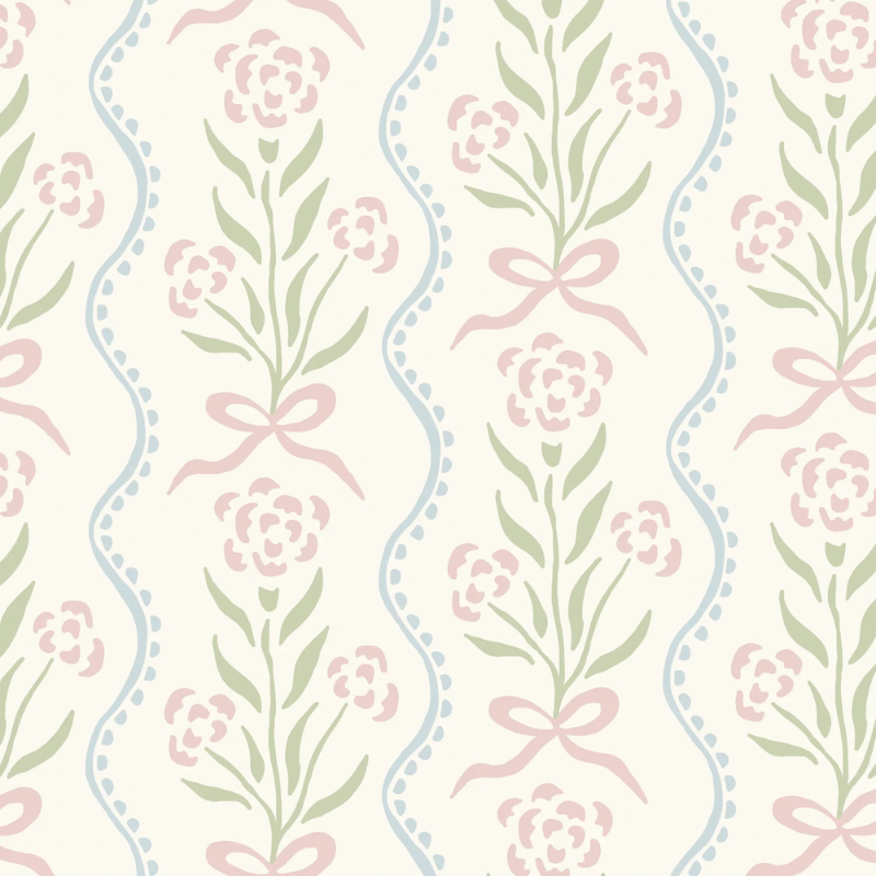 Marigold storybook nursery wallpaper with a classic vertical floral pattern in a soft, timeless style.