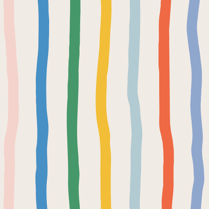 Rainbow Stripe storybook nursery wallpaper with bright vertical rainbow stripes for a bold, cheerful nursery.
