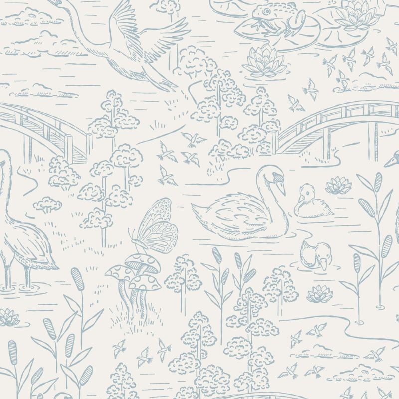 Swan Lake storybook nursery wallpaper with detailed swans, lily pads, and soft botanical illustrations for a whimsical nursery.