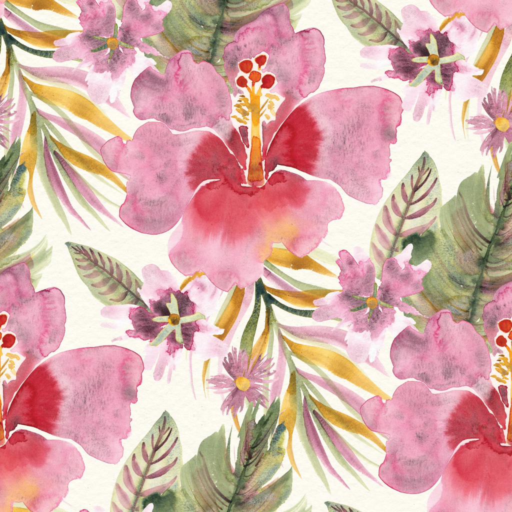 Vibrant watercolor hibiscus wallpaper backdrop for a tropical-themed baby girl shower photo booth, adding color and charm.