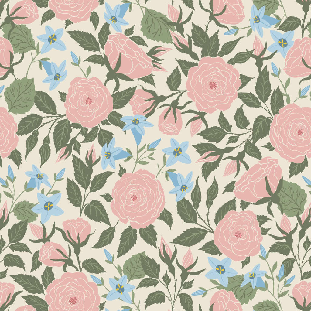 Wild Roses and Bellflowers wallpaper with pink roses, blue bellflowers and green vines on a cream background—an elegant choice for gender reveal photos.