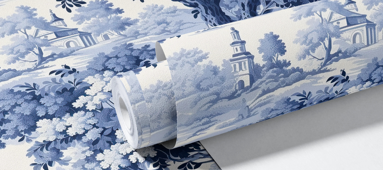 Blue and white toile wallpaper roll featuring Florence Cerulean by Funky Paper Co
