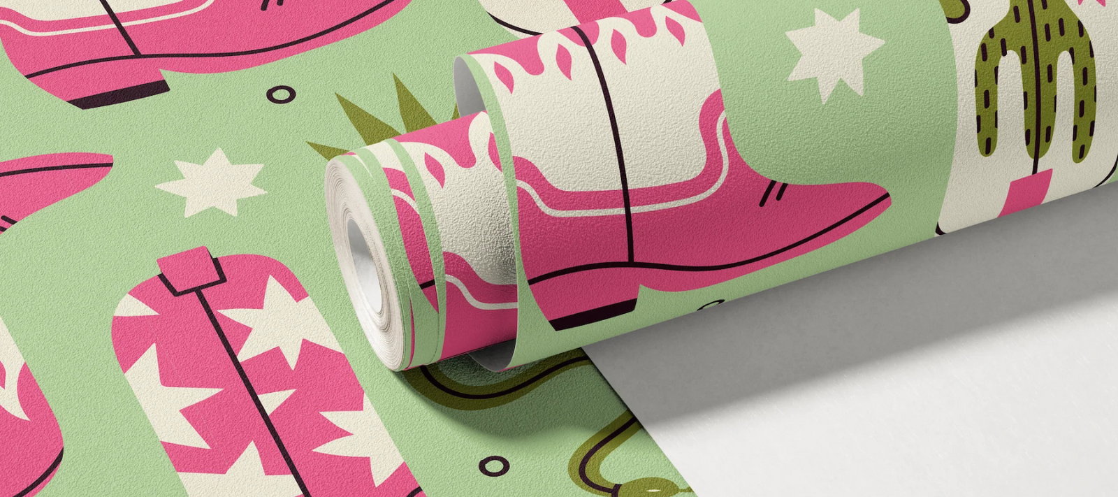 Refined and design-forward Texas wallpaper featuring motifs like wide-open skies, vintage boots, and desert blooms — offering a modern take on rustic Western charm.