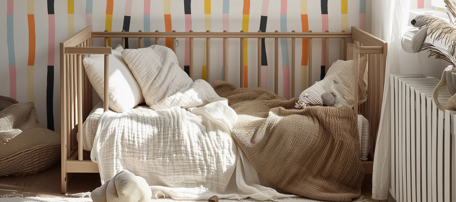 Nursery wallpaper ideas that transition from nursery to playroom, featuring colorful stripes, florals, and playful motifs by Funky Paper Co.