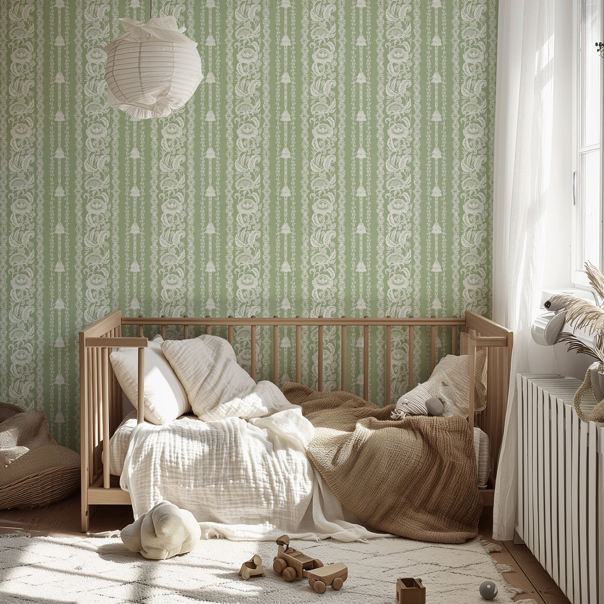 Oriental Floral Stripe - Sage Green