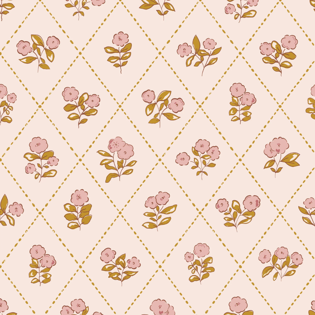 A charming coquette wallpaper combining vintage pink florals with a playful mustard harlequin pattern—evoking warmth, nostalgia, and romantic whimsy.