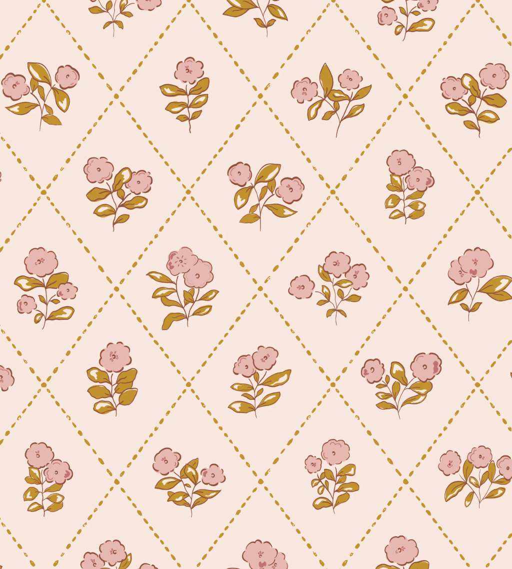 A charming coquette wallpaper combining vintage pink florals with a playful mustard harlequin pattern—evoking warmth, nostalgia, and romantic whimsy.