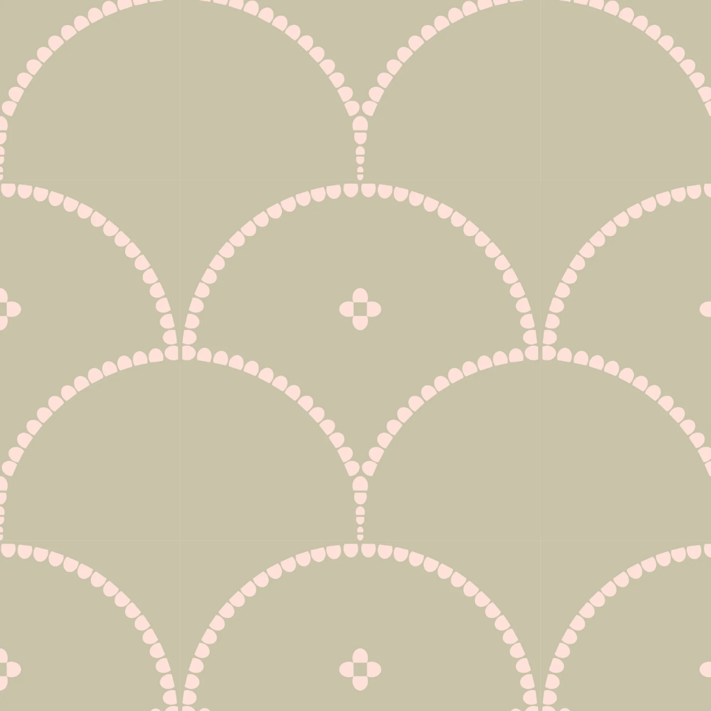 A minimalist coquette wallpaper featuring soft pink scallop shell patterns on a muted sage green background—perfect for a subtle, romantic touch without going full floral.
