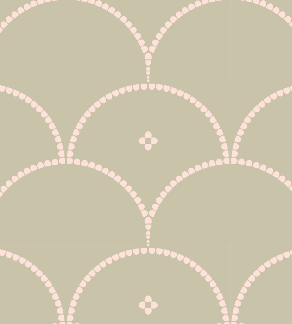 A minimalist coquette wallpaper featuring soft pink scallop shell patterns on a muted sage green background—perfect for a subtle, romantic touch without going full floral.