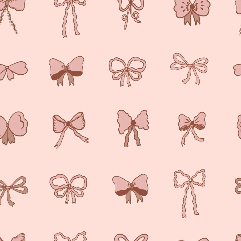 An assortment of vintage-style pink bows arranged in a monochromatic pattern, evoking a dainty, nostalgic feel like the inside of a vintage jewelry box—perfect for a coquette wallpaper aesthetic.