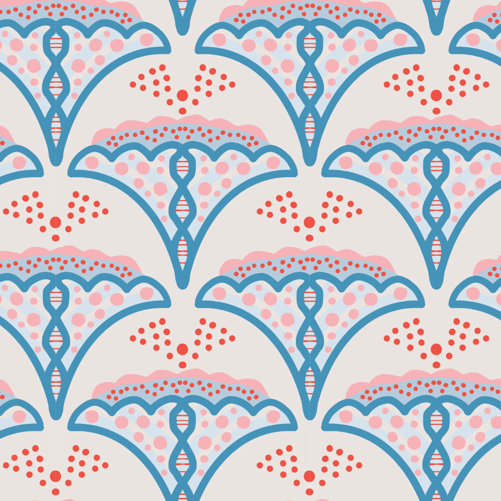 A bold coquette wallpaper featuring abstract scallop patterns in pink and blue tones—mixing vintage glam with a playful, modern twist.