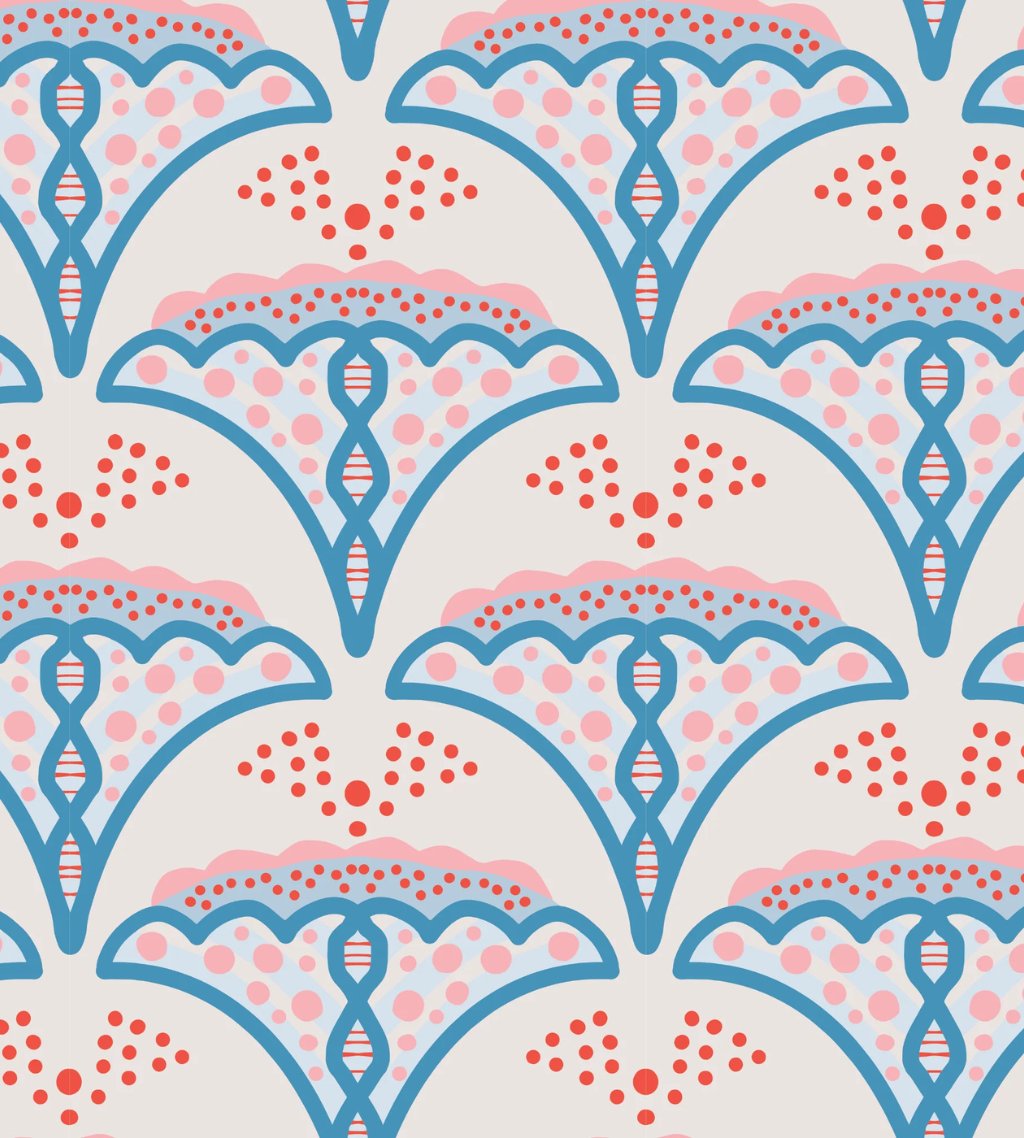 A bold coquette wallpaper featuring abstract scallop patterns in pink and blue tones—mixing vintage glam with a playful, modern twist.