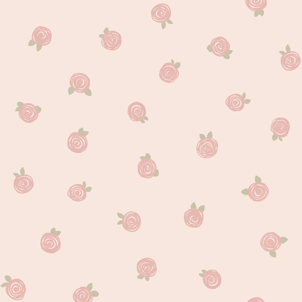 Blush pink wallpaper with tiny hand-drawn rosebuds arranged in a subtle polka dot pattern, creating a coquette-inspired look.