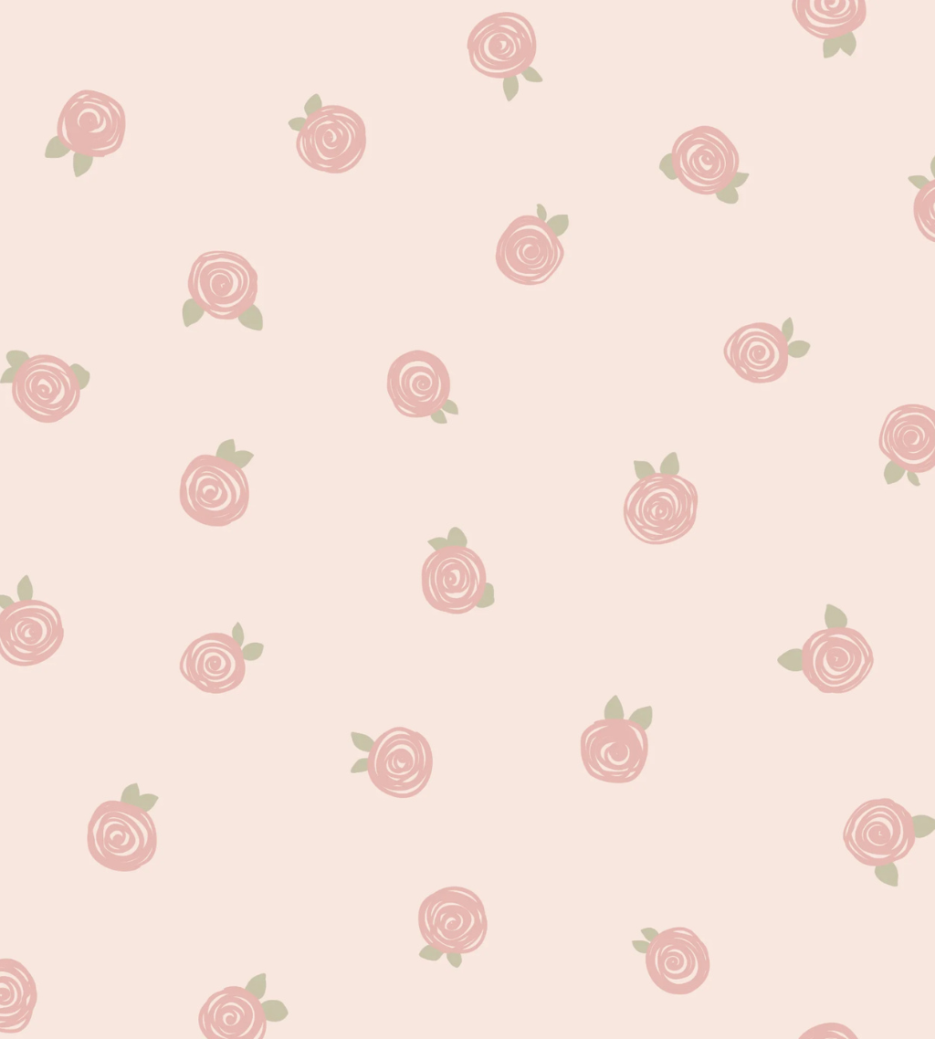 Blush pink wallpaper with tiny hand-drawn rosebuds arranged in a subtle polka dot pattern, creating a coquette-inspired look.
