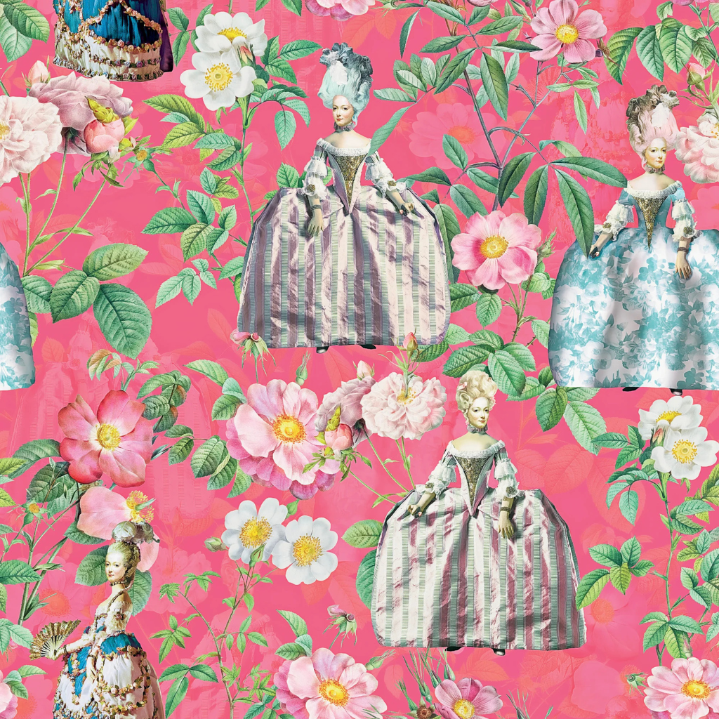 A maximalist coquette wallpaper featuring aristocrats in period attire surrounded by oversized florals on a vivid pink background—evoking the grandeur of a Versailles ballroom.