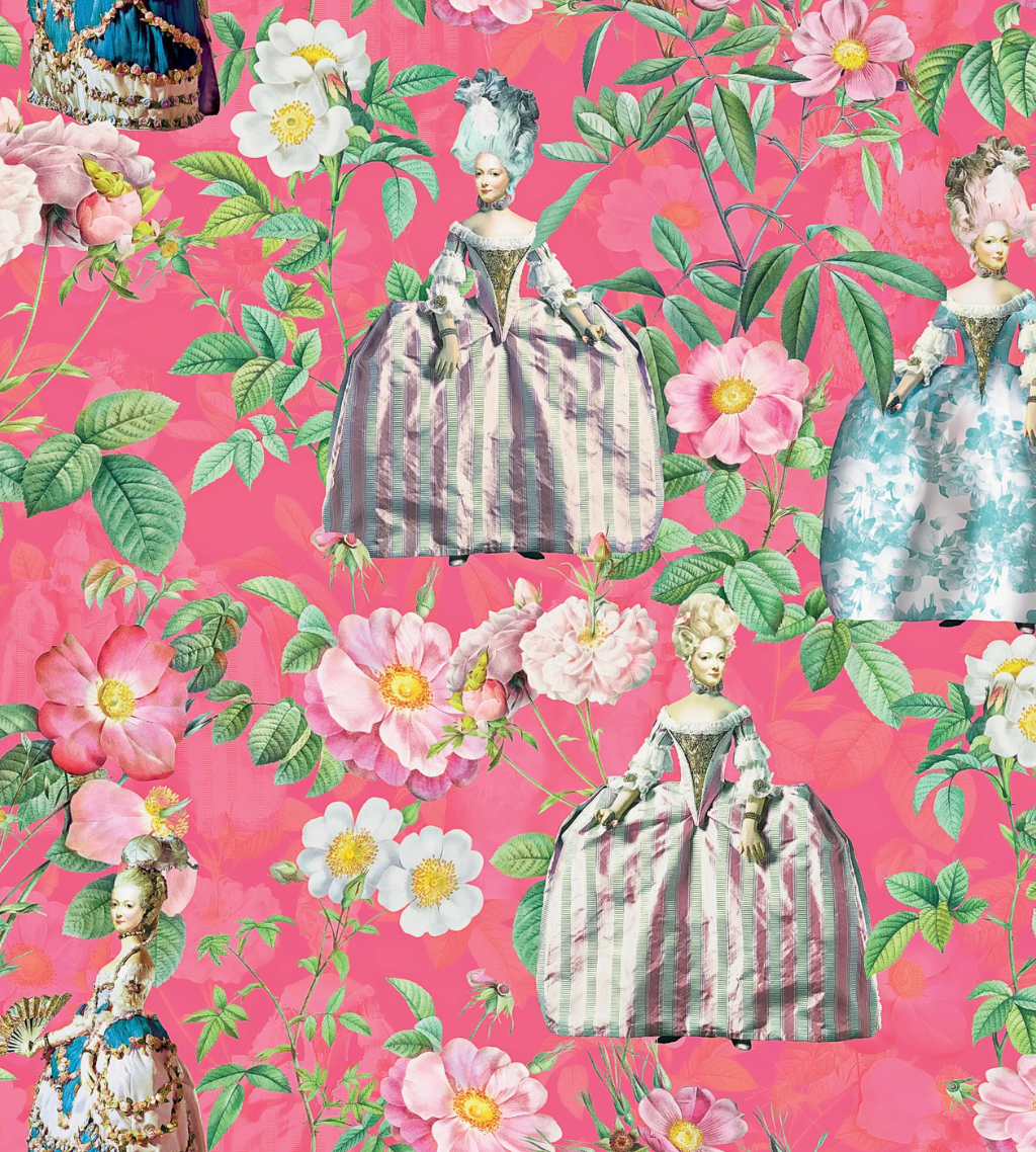 A maximalist coquette wallpaper featuring aristocrats in period attire surrounded by oversized florals on a vivid pink background—evoking the grandeur of a Versailles ballroom.