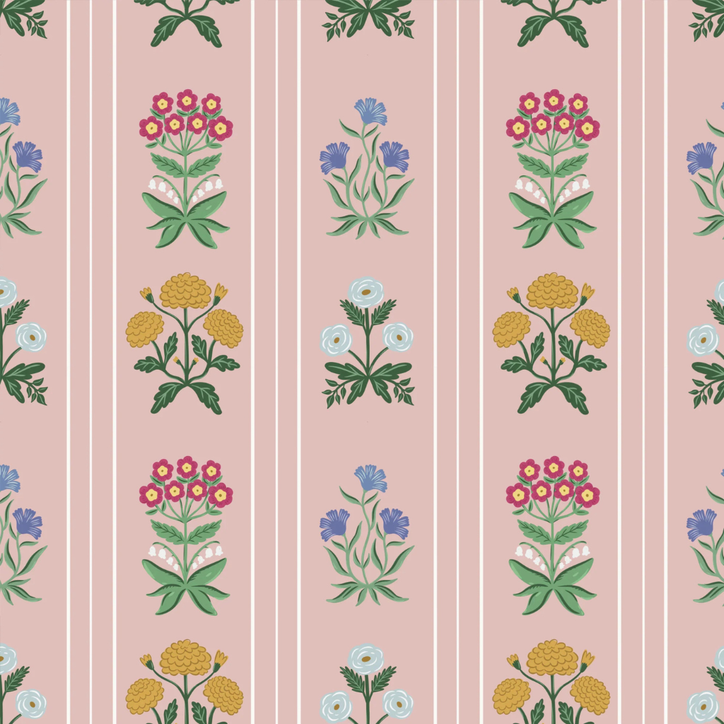 A romantic floral wallpaper inspired by English cottage gardens, featuring delicate blooms in a soft, rustic design—perfect for bedrooms, breakfast nooks, or any cozy, tea-sipping space.