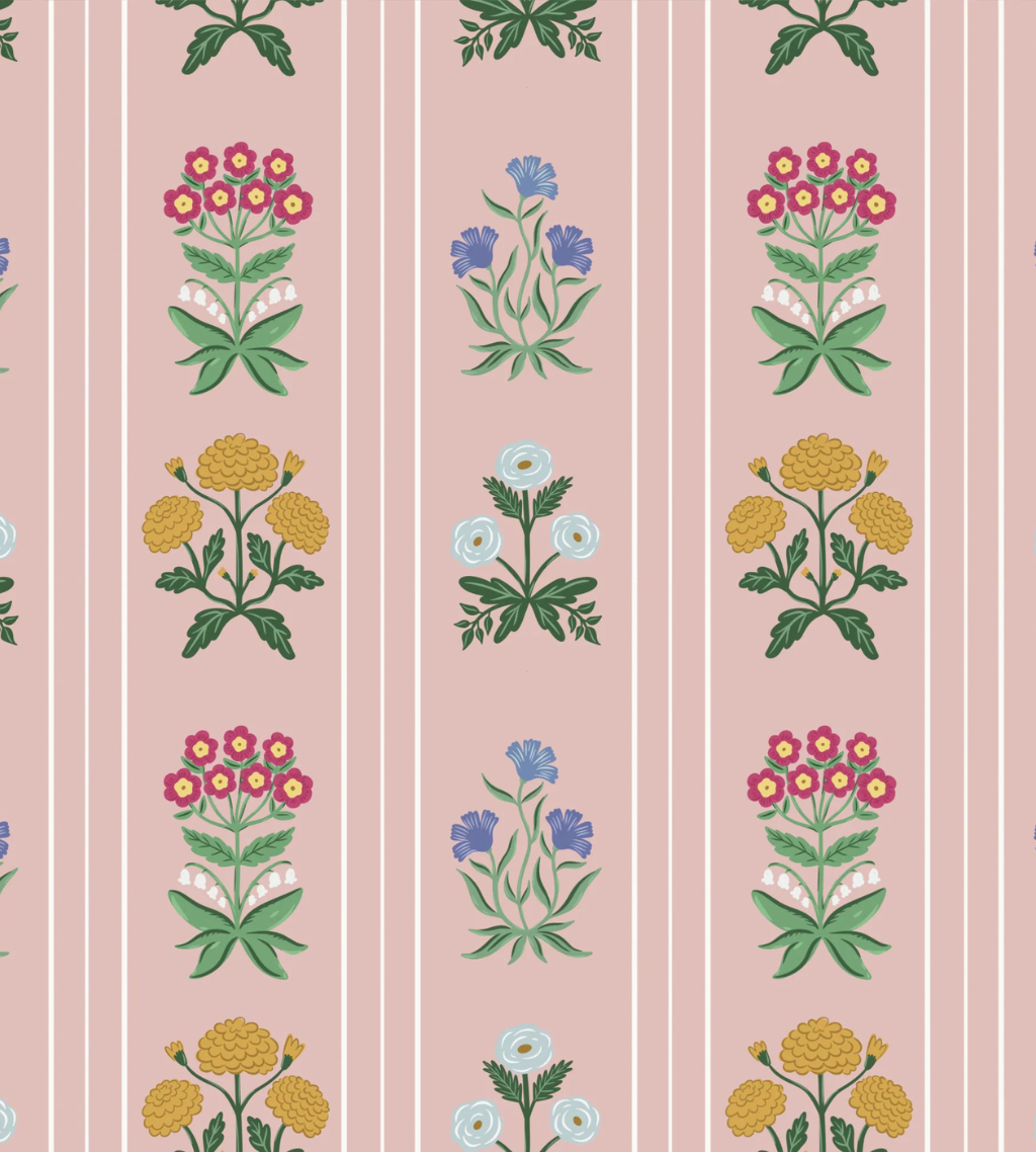 A romantic floral wallpaper inspired by English cottage gardens, featuring delicate blooms in a soft, rustic design—perfect for bedrooms, breakfast nooks, or any cozy, tea-sipping space.