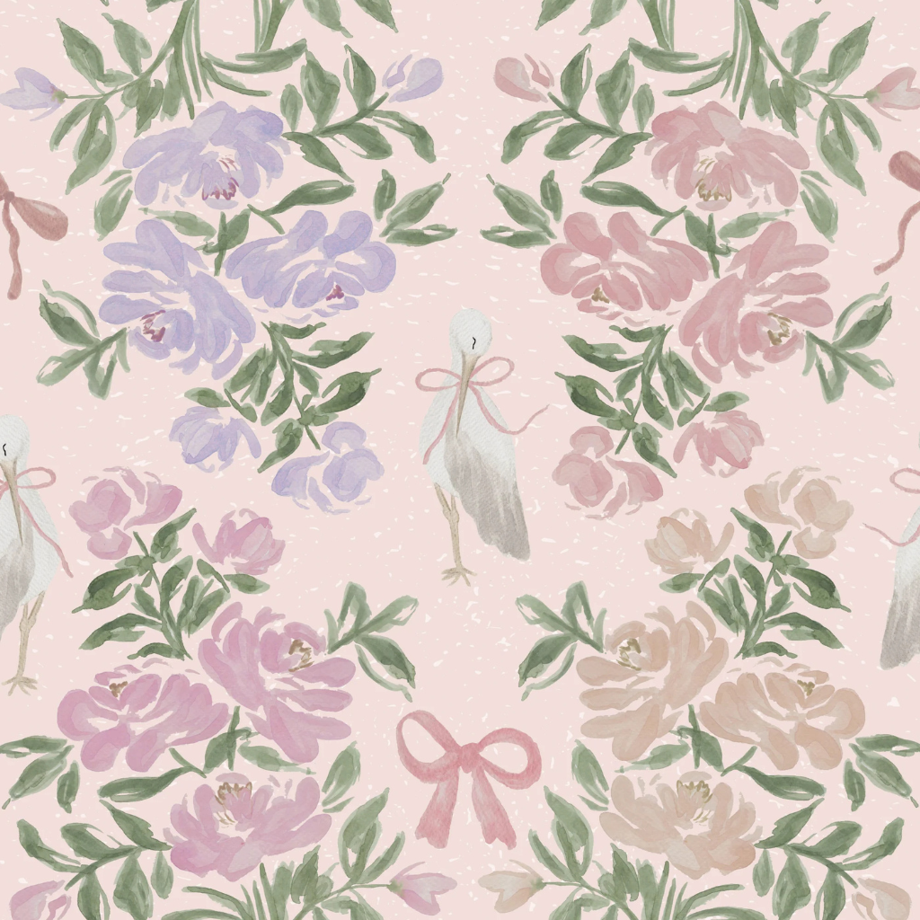A whimsical coquette wallpaper featuring storks, dainty bows, and soft watercolor florals—ideal for nurseries or any space needing a sweet, romantic touch.