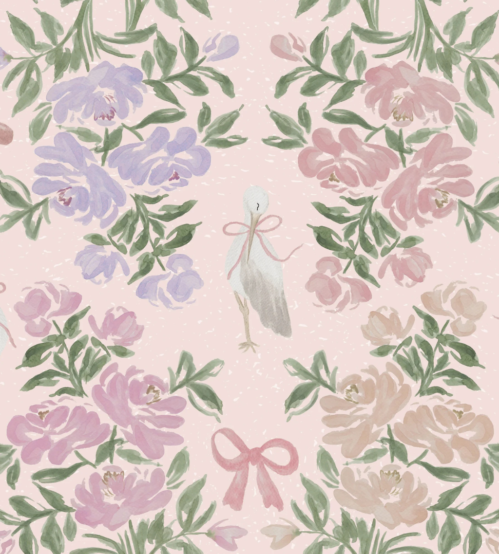 A whimsical coquette wallpaper featuring storks, dainty bows, and soft watercolor florals—ideal for nurseries or any space needing a sweet, romantic touch.