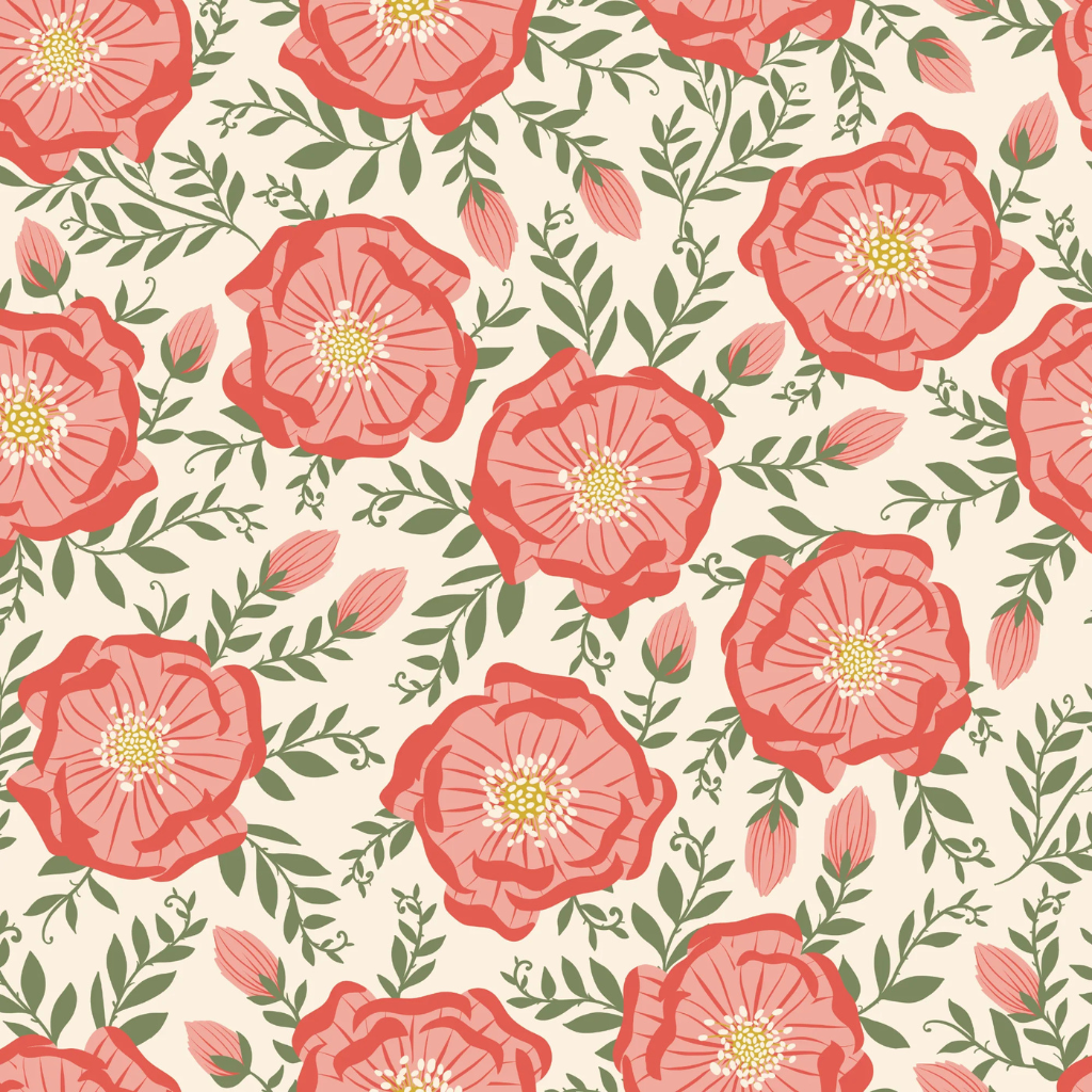 A bold maximalist floral wallpaper with vibrant pink and red blooms on a creamy background, adding a dramatic yet feminine flair to a chic modern dining room.