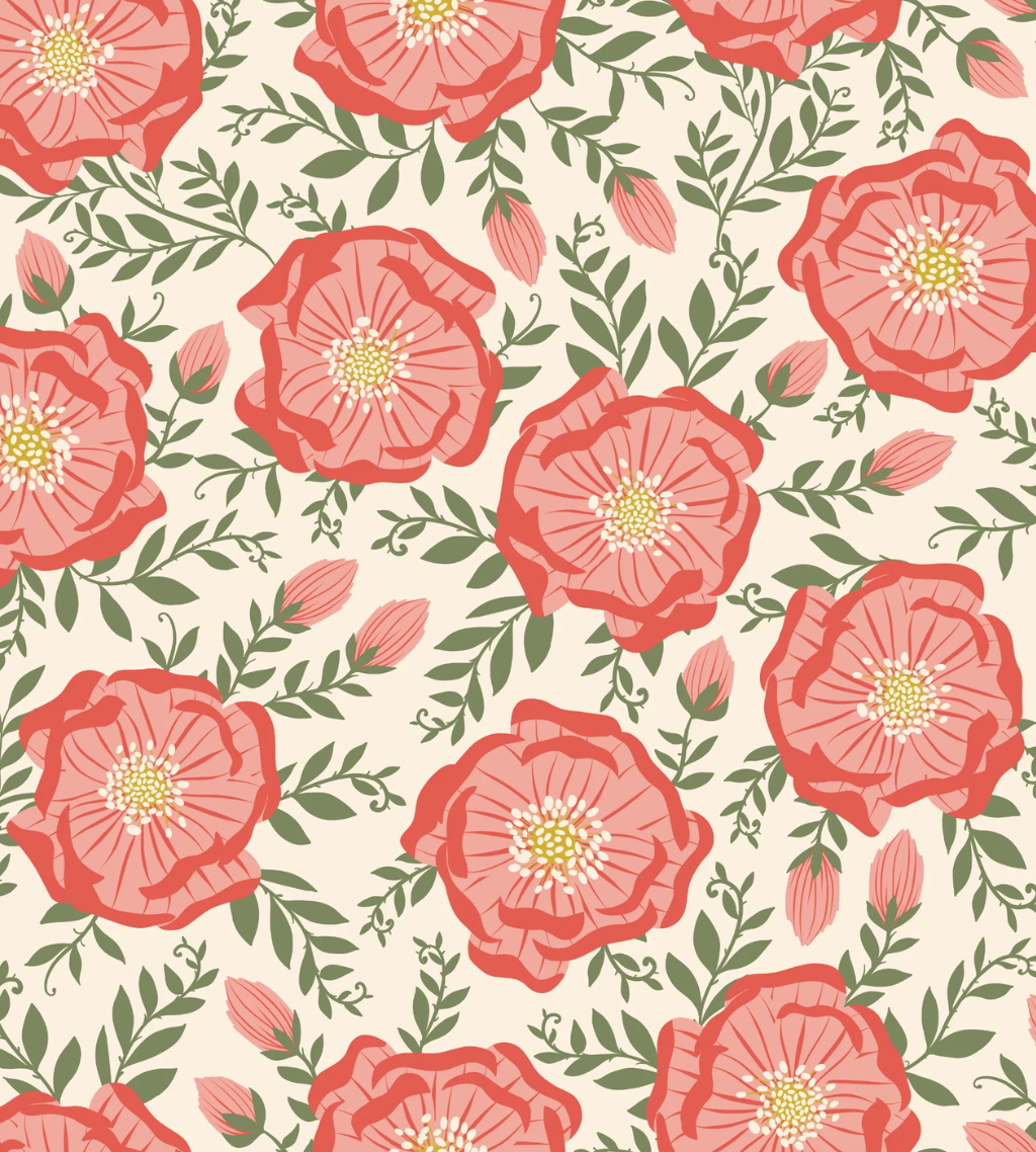 A bold maximalist floral wallpaper with vibrant pink and red blooms on a creamy background, adding a dramatic yet feminine flair to a chic modern dining room.