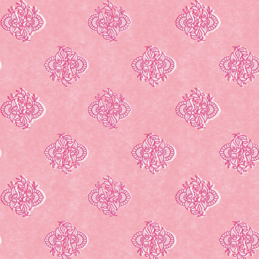 A romantic floral block print wallpaper with an artisan, hand-stamped look—reminiscent of 18th-century castle decor, updated in a modern, versatile color palette.