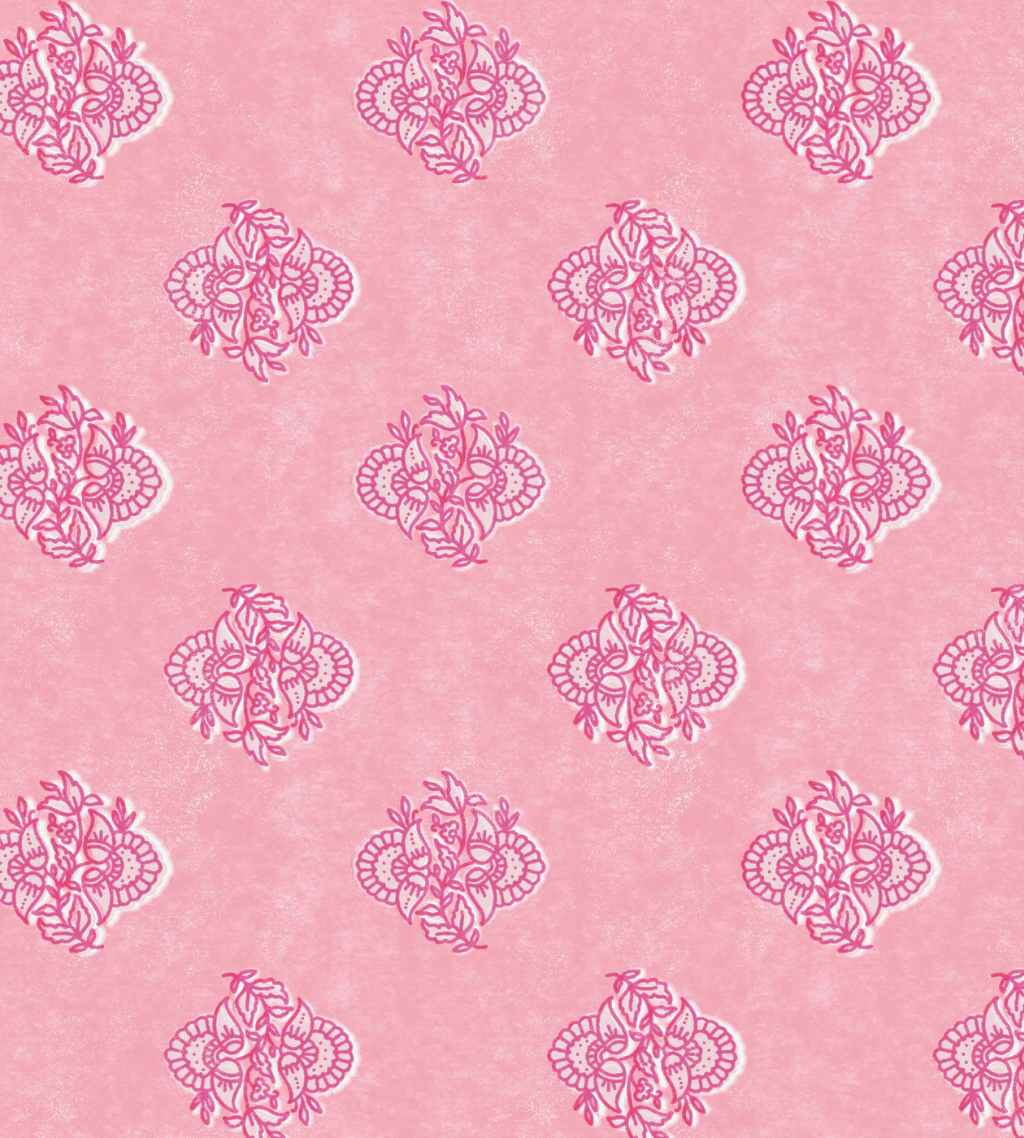 A romantic floral block print wallpaper with an artisan, hand-stamped look—reminiscent of 18th-century castle decor, updated in a modern, versatile color palette.