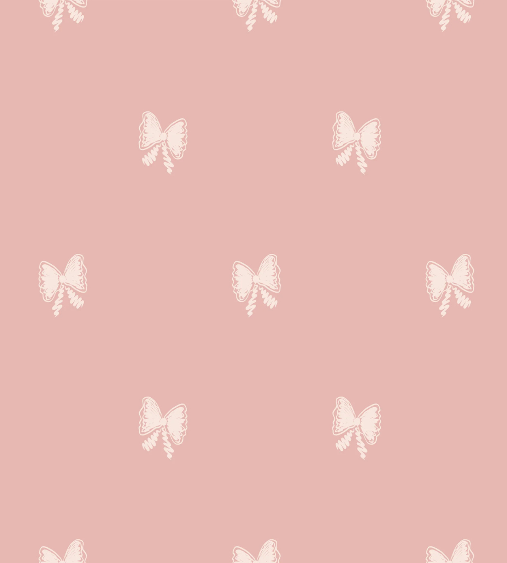A charming coquette wallpaper featuring tiny hand-drawn bows on a soft baby pink background—sweet and whimsical with a touch of storybook flair.