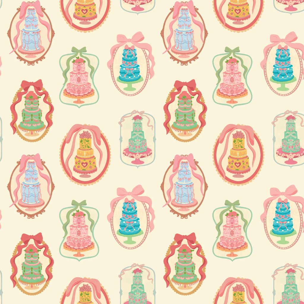 A whimsical coquette wallpaper featuring ornate, tiered cakes in colorful, frilly designs—perfect for adding a sweet, romantic touch to kitchens.