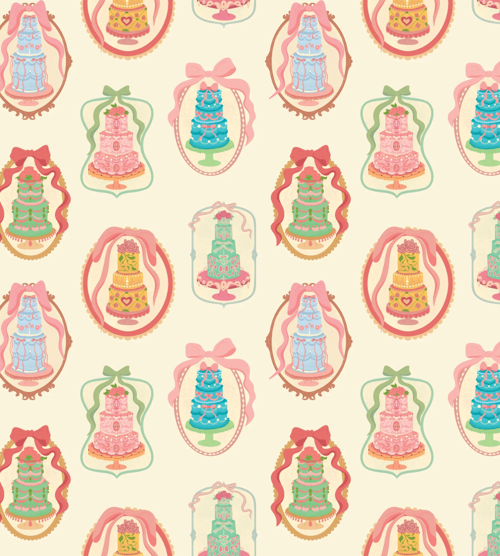 A whimsical coquette wallpaper featuring ornate, tiered cakes in colorful, frilly designs—perfect for adding a sweet, romantic touch to kitchens.
