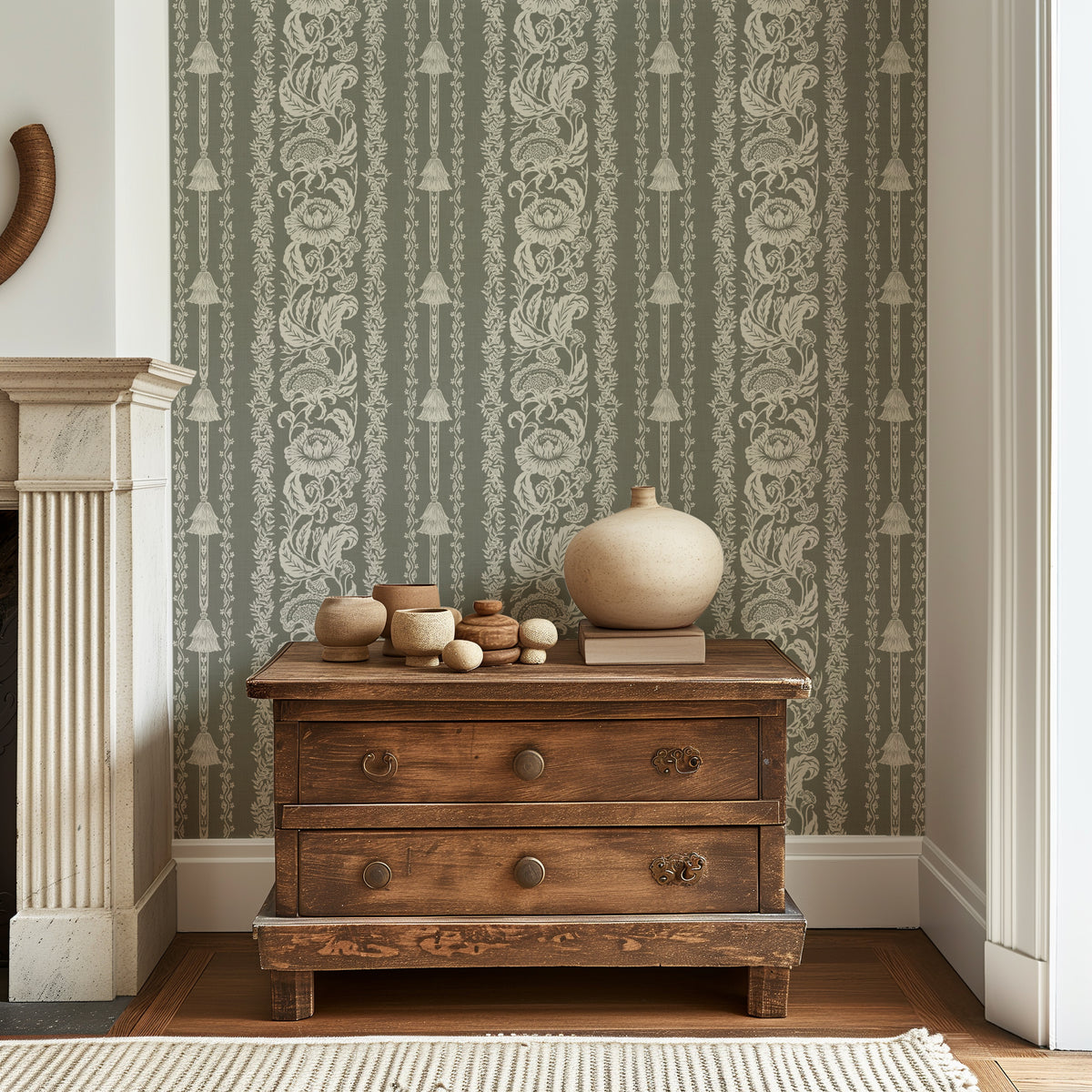 Oriental Floral Stripe - Olive