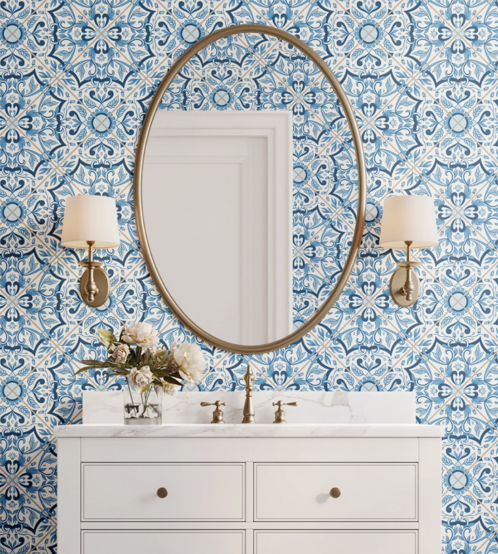 Blue tile-inspired peel and stick wallpaper, perfect for creating a stylish backsplash without the grout