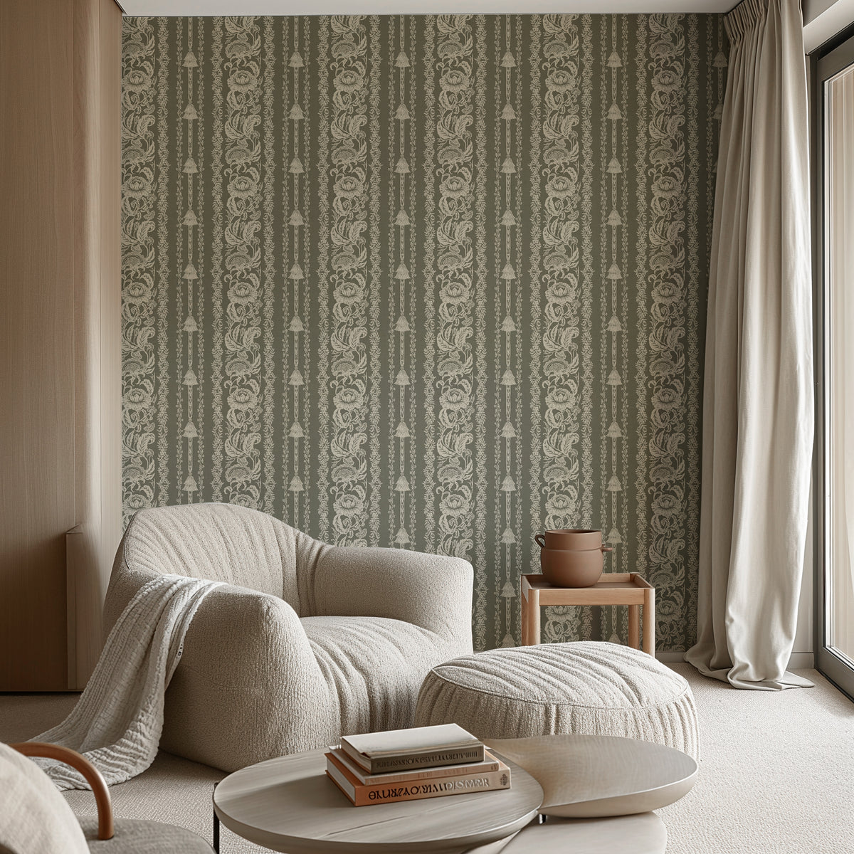 Oriental Floral Stripe - Olive