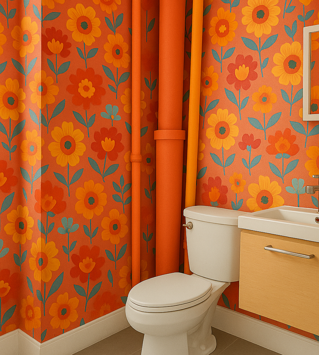 Bathroom with bold floral wallpaper and pipes painted to match, camouflaging exposed plumbing