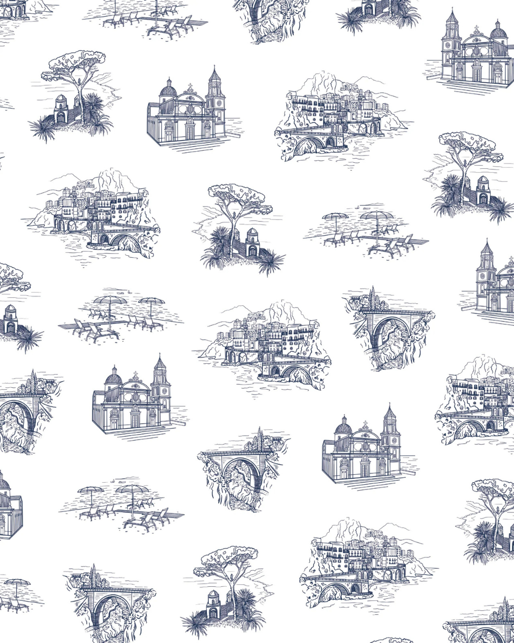 Amalfi blue and white toile peel and stick wallpaper, perfect for bathroom walls