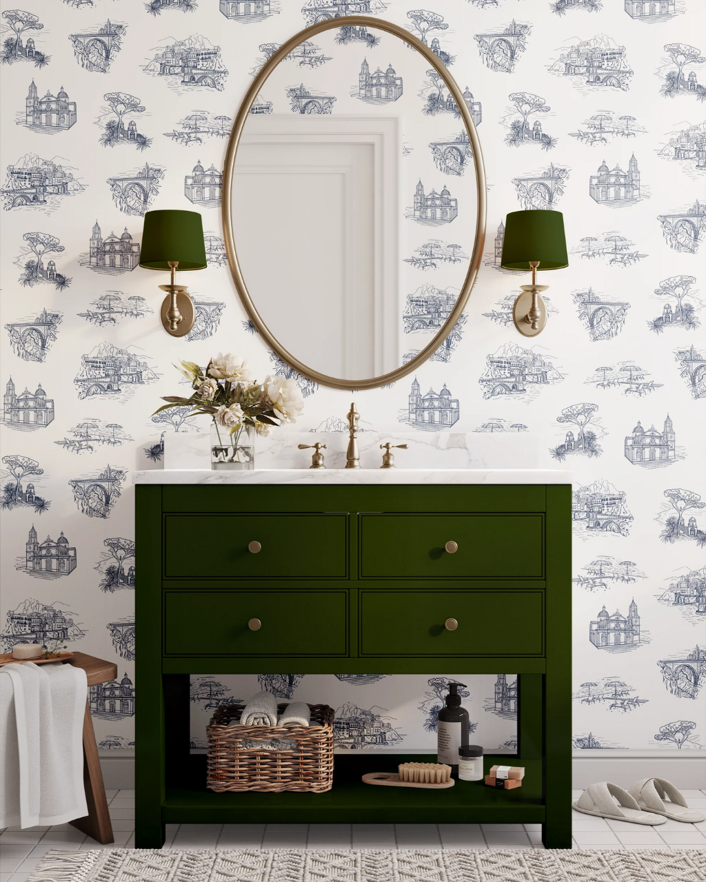 Amalfi blue and white toile peel and stick wallpaper, perfect for bathroom walls